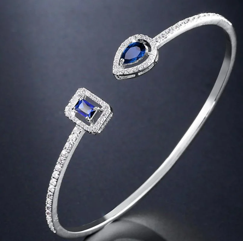 Sapphire Blue CZ Cubic Zirconia Fashion Bangle Bracelet for Lady Gift. Bridal Wedding Bracelet Bangle